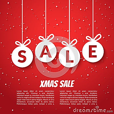 Christmas balls sale poster template. Xmas sale background. Winter holiday discount offer clearance red template. Vector Illustration