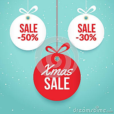 Christmas balls sale. Special offer vector tag. New year holiday card template. Shop market poster design Vector Illustration