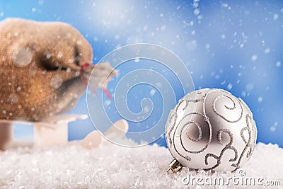 Christmas balls and Santa`s pack Stock Photo