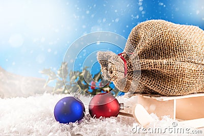 Christmas balls and Santa`s pack Stock Photo