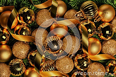 Christmas balls and serpentine on the background of fir branches. Stock Photo