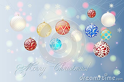 Christmas balls set on a shimmering background. Congratulation, postcard Vector Illustration