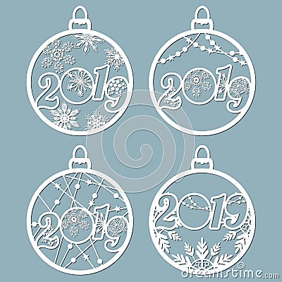 2019. Christmas balls set with a snowflake cut out of paper. Templates for laser cutting, plotter cutting or printing. Festive Vector Illustration