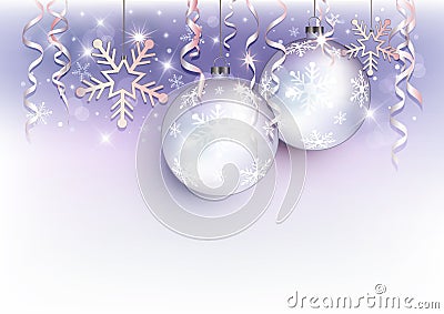 Christmas balls and snow flake background violet white silver Vector Illustration