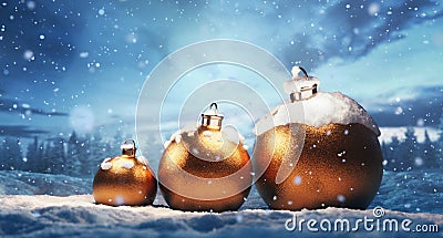 Christmas balls on snow in winter snowing scene Cartoon Illustration