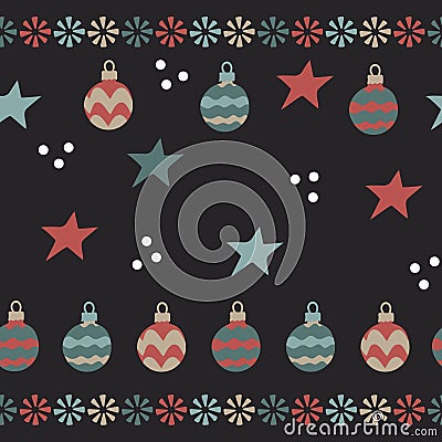 Christmas balls, snowflakes . Seamless pattern on dark background Cartoon Illustration