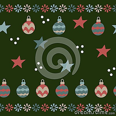 Christmas balls, stars, snowflakes . Seamless pattern on greenbackground. Hand drawn Vector illustrations Cartoon Illustration