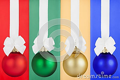 Christmas Balls with White Ribbon Stock Photo