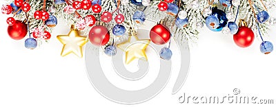 Christmas banner background. Xmas border composition with Christmas tree branch, red holly berries and gold garland isolated Stock Photo