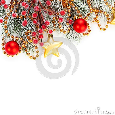 Christmas banner card. Xmas decor isolated on white background. Festive garland border with hanging balls and stars Stock Photo