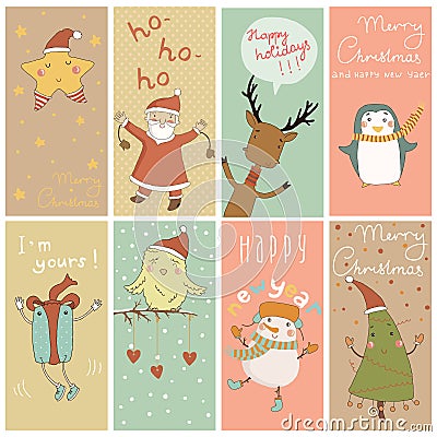 8 Christmas banner with cartoon characters Vector Illustration