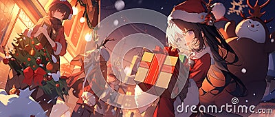 Christmas banner design - little girl with presen on the festive street, comic anime character, cartoon style Stock Photo