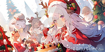 Christmas banner design - little girl with present, eating cake, comic anime character, cartoon style Stock Photo