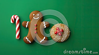 Christmas banner, gingerbread man and candy cane on green background with copy space at Christmastime. Tradition of Happy Stock Photo