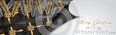 Christmas banner or header background. Xmas celebration black and golden luxury design with presents. Winter holiday concept. Real Vector Illustration