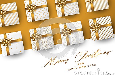 Christmas banner or poster design. Xmas gift boxes. Winter celebration concept. Golden ribbon and bow on white wrapping pape Vector Illustration