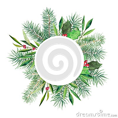 Christmas banner with round white space, firtree, holly and olive branch. Watercolor handdrawn illustration isolated on white. Cartoon Illustration