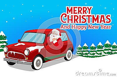Christmas Banner With Santa Claus is Driving the Car and trees Background Vector Vector Illustration