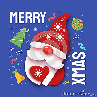 Christmas banner with Santa gnome. Winter holiday design for greeting card. Paper cutout hat, mustache and beard of Vector Illustration