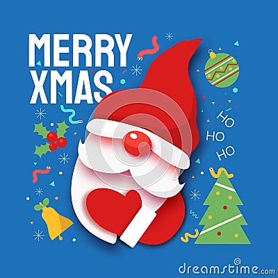 Christmas banner with Santa gnome. Winter holiday design for greeting card. Paper cutout hat, mustache and beard of Vector Illustration