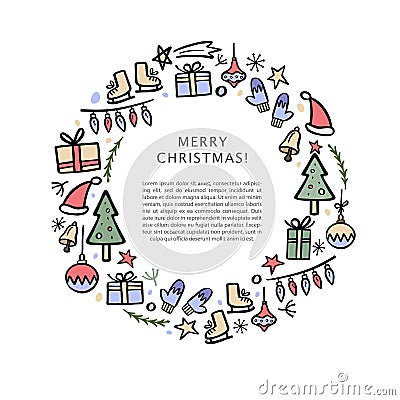 Christmas banner template with christmas decorative elements. Hand drawn vector illustration. Vector Illustration