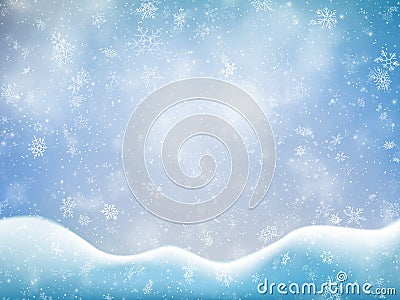 Christmas banner template with falling snow, clouds and snowdrift. Holiday decoration backdrop. EPS 10 Vector Illustration