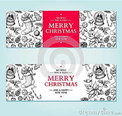 Christmas banner. Vector hand drawn illustration Xmas plants and Vector Illustration