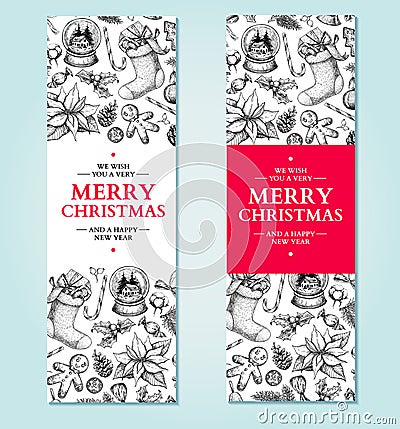 Christmas banner. Vector hand drawn illustration Xmas plants and Vector Illustration