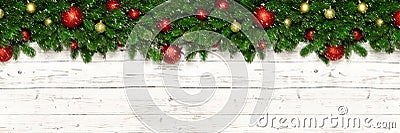 Christmas banner on white wooden background fir tree branches and new year toy ball or bauble. Xmas holiday decoration for promo Stock Photo