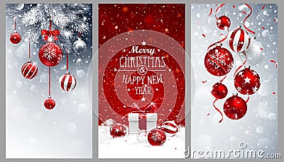 Christmas Banners Set with Fir Branches, Red Balls and Gifts Vector Illustration