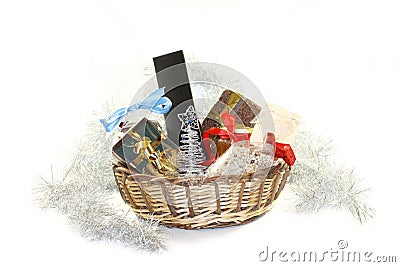 Christmas basket with gifts Stock Photo