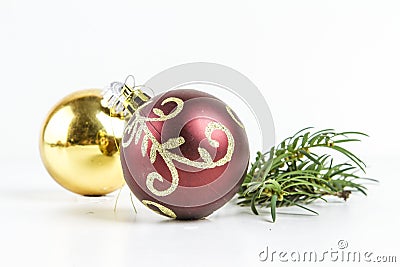 CHRISTMAS BAUBLE WITH FIR AND ORNAMENTS WHITE BACKGROUND Stock Photo