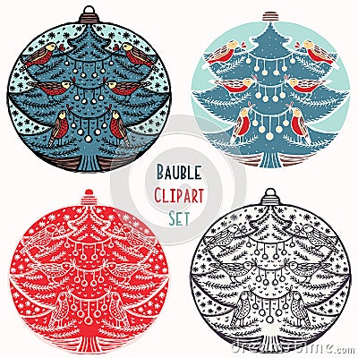 Robin red breast Christmas bauble ornament set. Isolated festive design element. Hand draw winter holiday clip art icon. Festive Cartoon Illustration