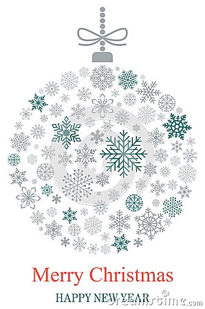Christmas bauble vector with snowflakes, silver hanger and Christmas greetings on white background. Vector Illustration