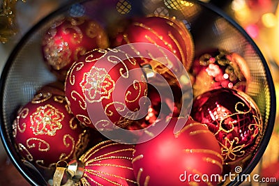 Christmas baubles or balls , close up, festive blurred background Stock Photo