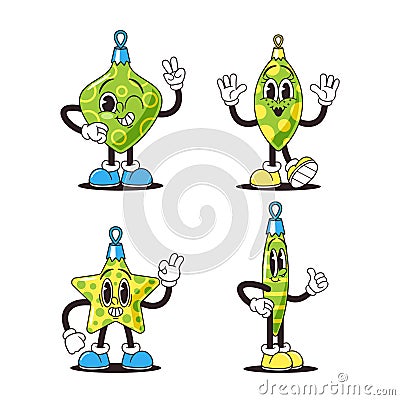 Christmas Baubles, Cartoon Groovy Retro Party Characters, Dazzle With Shimmer And Swing With Yuletide Rhythm Vector Illustration