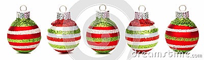 Christmas baubles in a row isolated Stock Photo