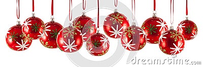 Christmas baubles in a row isolated on white background Stock Photo