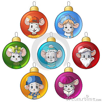 Set of Christmas colorful bright baubles with drawing cartoon mouses rats. Vector Illustration