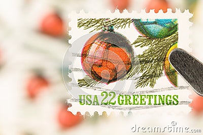 Christmas Baubles on Tree Stamp Editorial Stock Photo