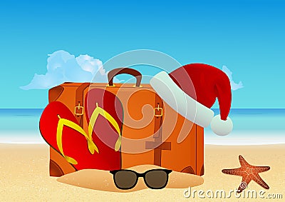 Christmas beach background. Winter holiday vacation concept. Vector art Vector Illustration