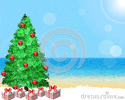 Christmas on the beach with festive decoration Vector Illustration