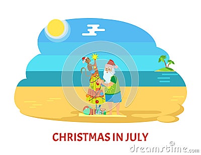 Christmas on Beach in July with Santa Claus Vector Vector Illustration