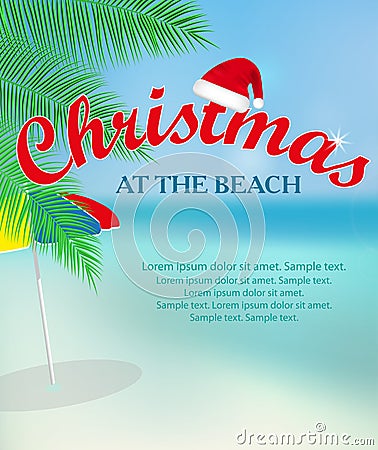 Christmas at the beach poster or banner seashore landscape. Vacation winter. Vector Vector Illustration