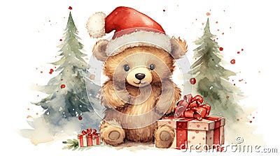 Christmas bear with gifts watercolor hand drawn illustration greeting card. White bear wearing Santa hat holding Christmas present Cartoon Illustration