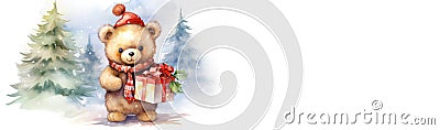 Christmas bear with gifts watercolor hand drawn illustration web banner. White bear wearing Santa hat holding Christmas present Cartoon Illustration