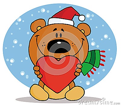 Christmas bear holding a red heart Vector Illustration