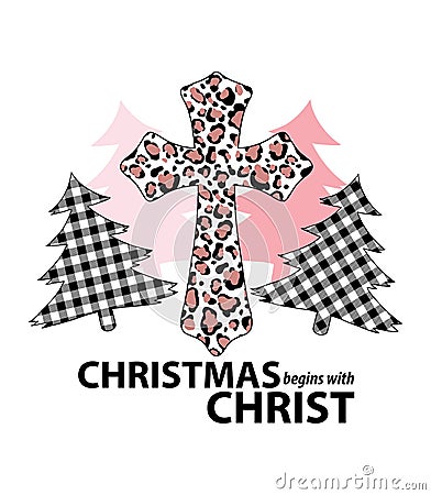 Christmas Begins with Christ Christmas Sign Svg Cross Buffalo plaid Vector Illustration