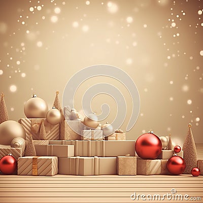 Christmas beige background with baubles and gift boxes. Cartoon Illustration