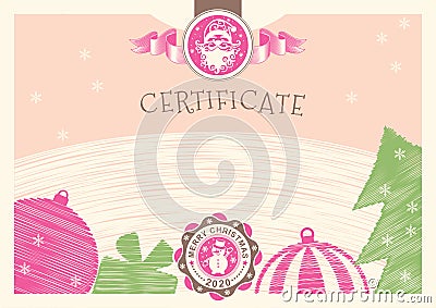 Christmas beige certificate with pink Santa Claus and Snowman in stamp. Vector Illustration